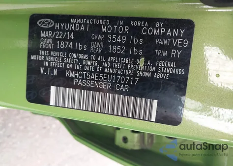 2014 Hyundai Accent Gs z USA, uszkodzony, nr VIN KMHCT5AE5EU170717